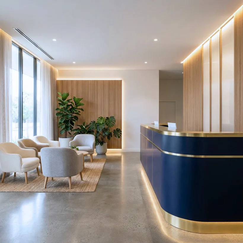 Reception and waiting — navy, oak and brushed brass