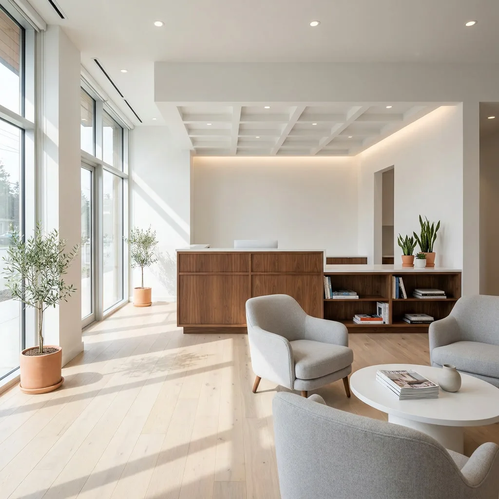 Dental practice reception with oak desk, soft seating and planting